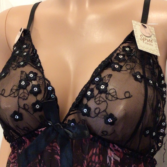 Spree Intimates 2Pc Pink Abstract Triangle Cup Sequin Babydoll Set Size Large - Picture 4 of 7